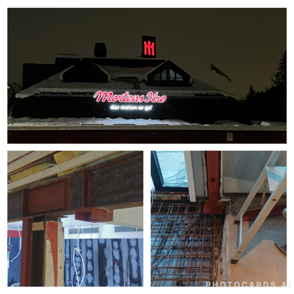 Restaurant sign saying "Mortens Kro, der maten er go" and construction details